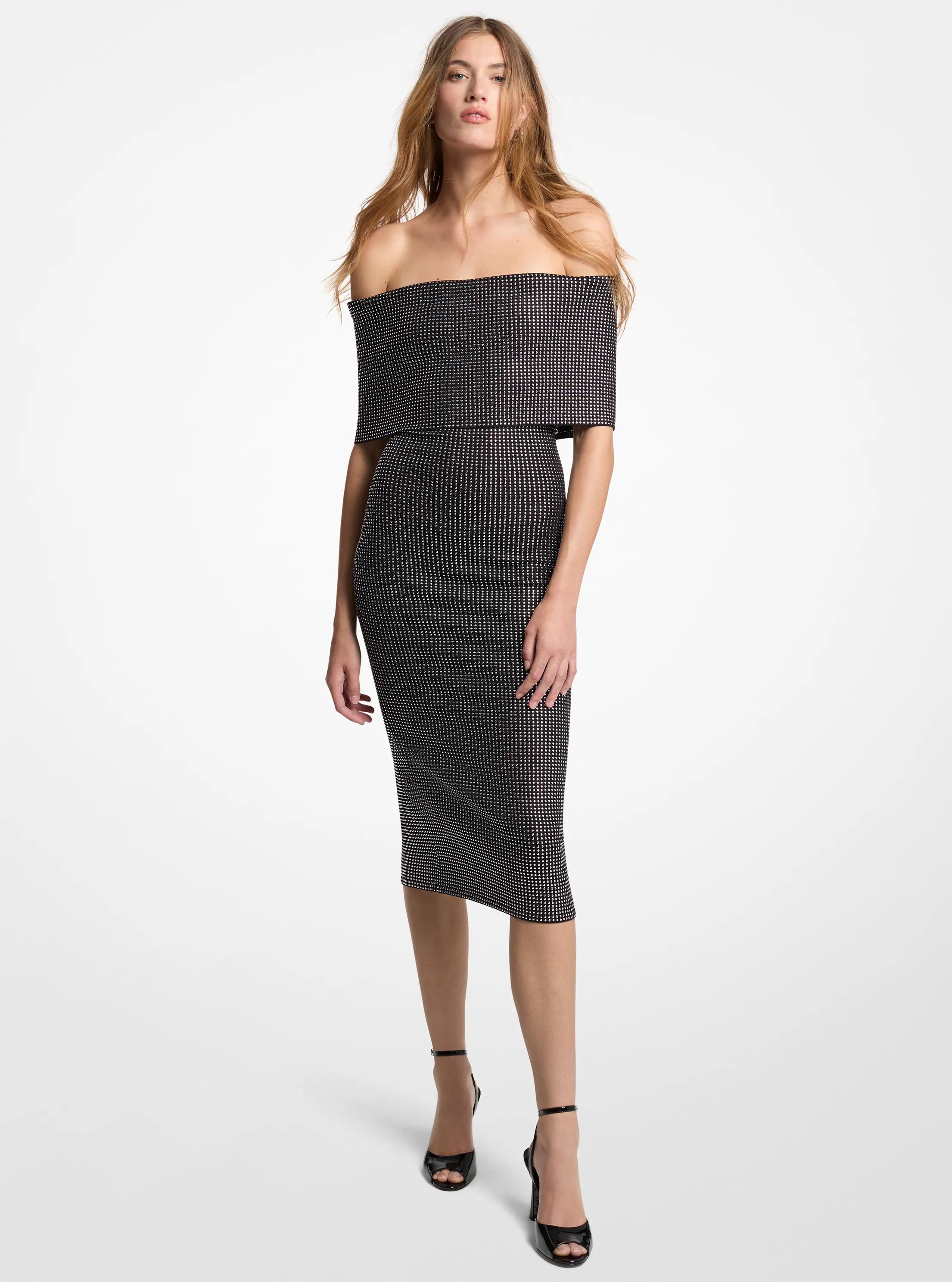 Studded Stretch Viscose Off-The-Shoulder Dress in BLACK | Michael Kors