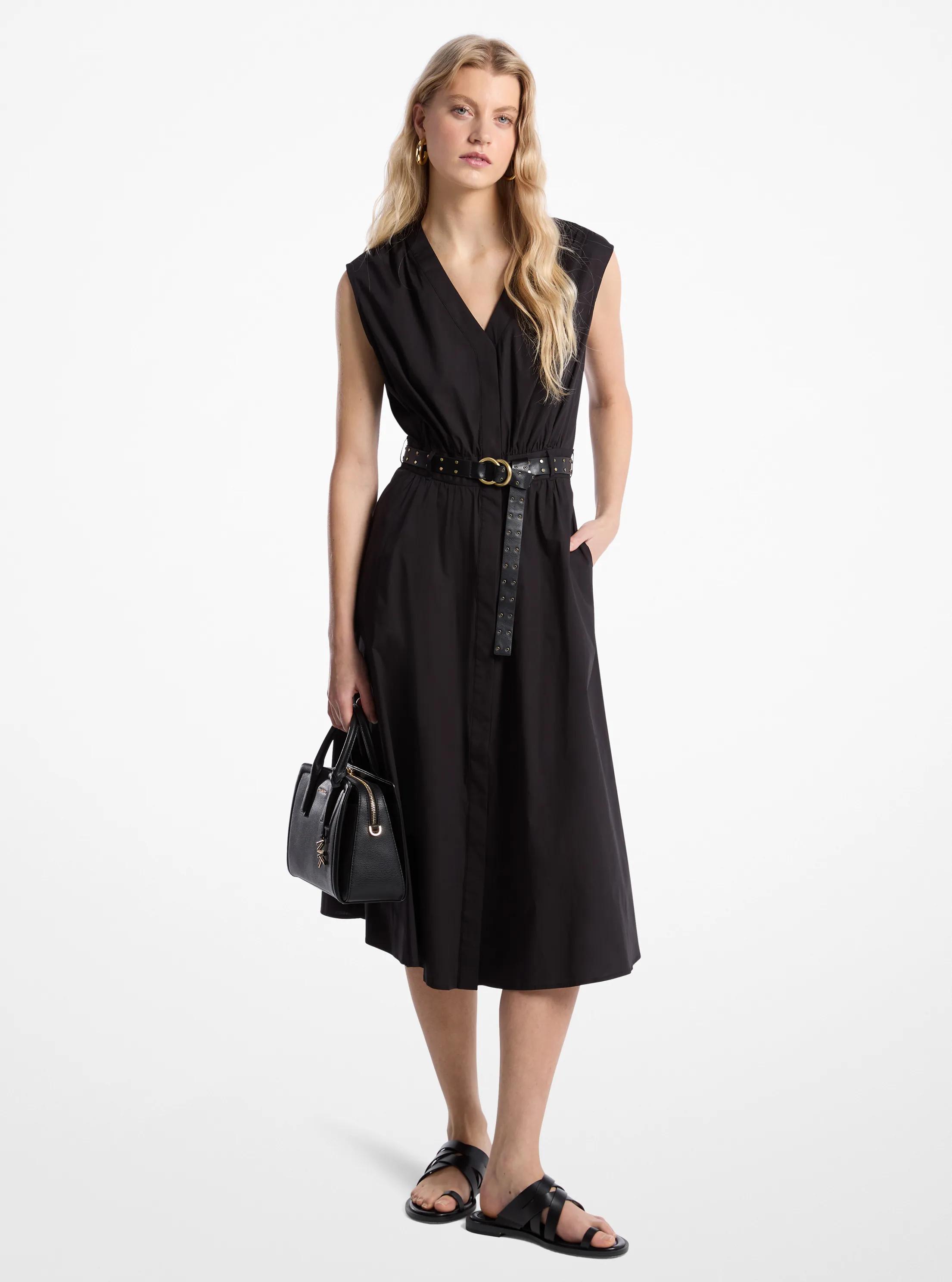 Stretch Cotton Poplin Belted Midi Dress in BLACK | Michael Kors