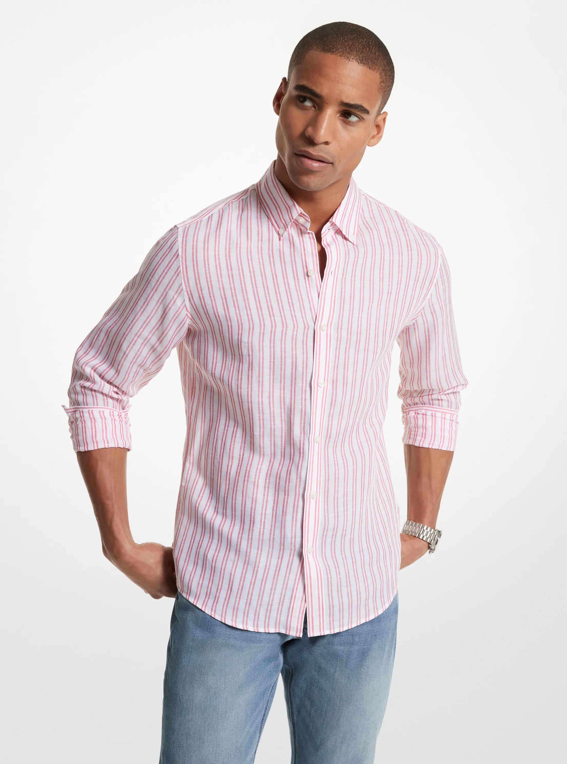Striped Linen Blend Shirt in CORAL | Michael Kors