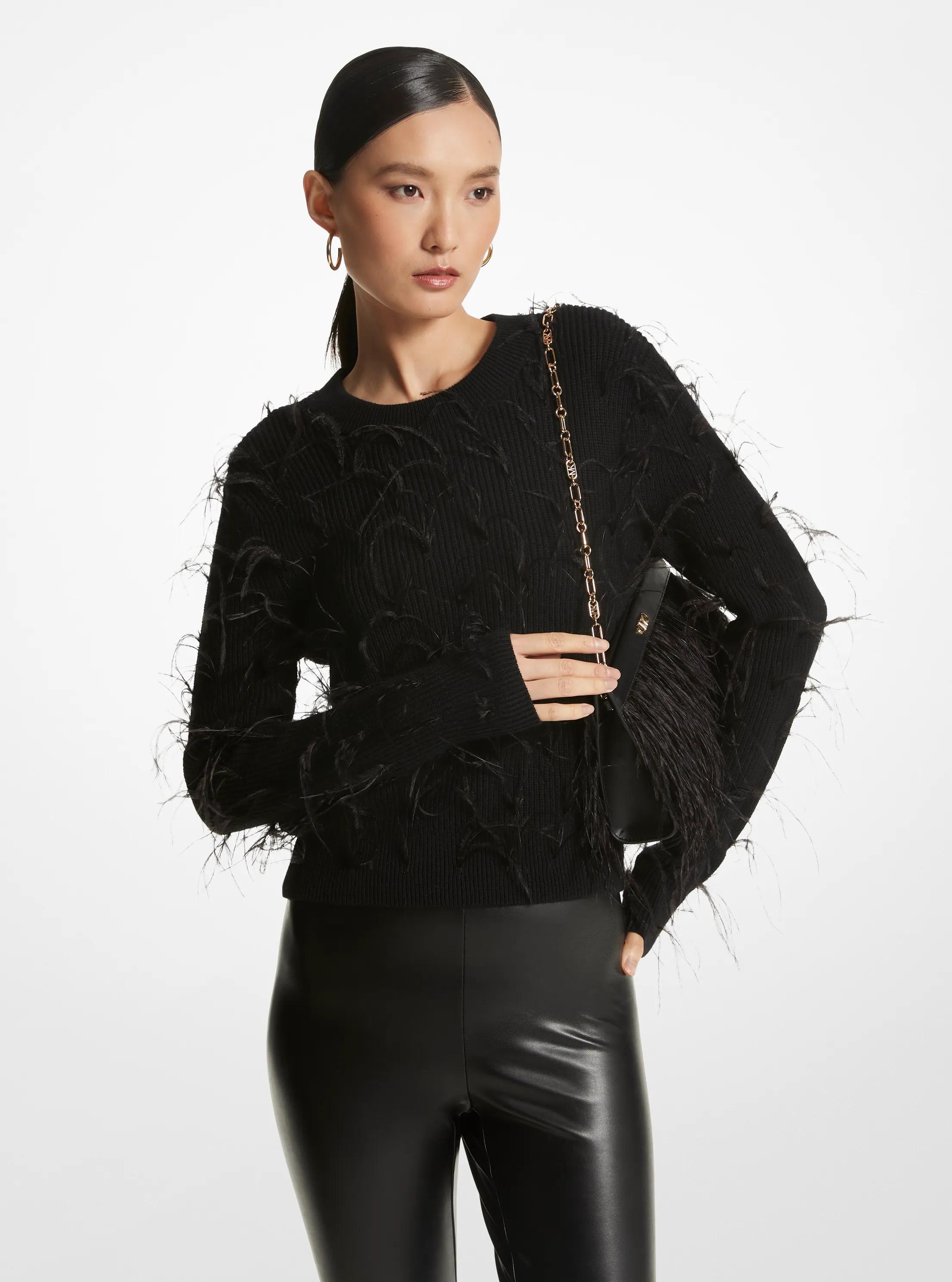 Feather Embellished Merino Wool Blend Cropped Sweater in BLACK | Michael Kors