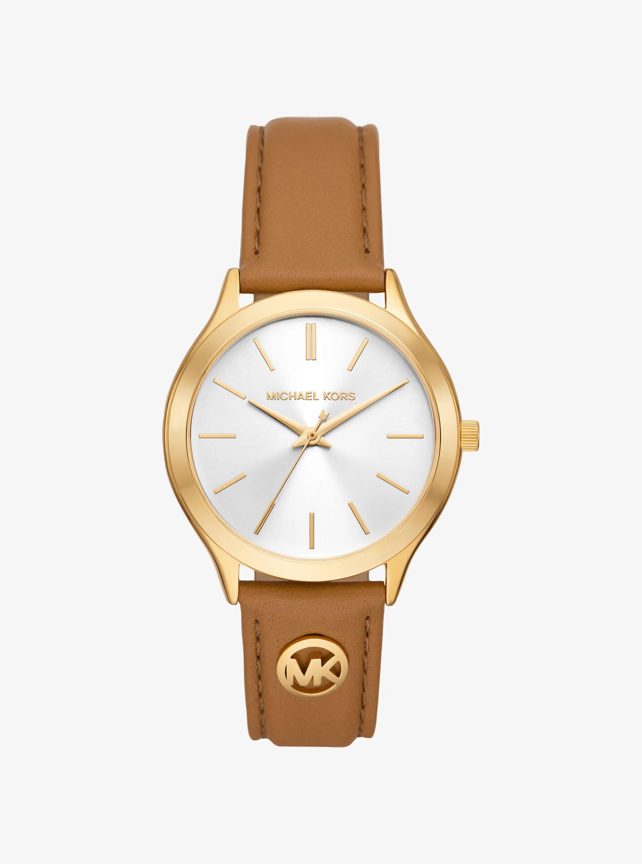 Michael Kors Slim Runway Gold-tone And Leather Watch In Brown