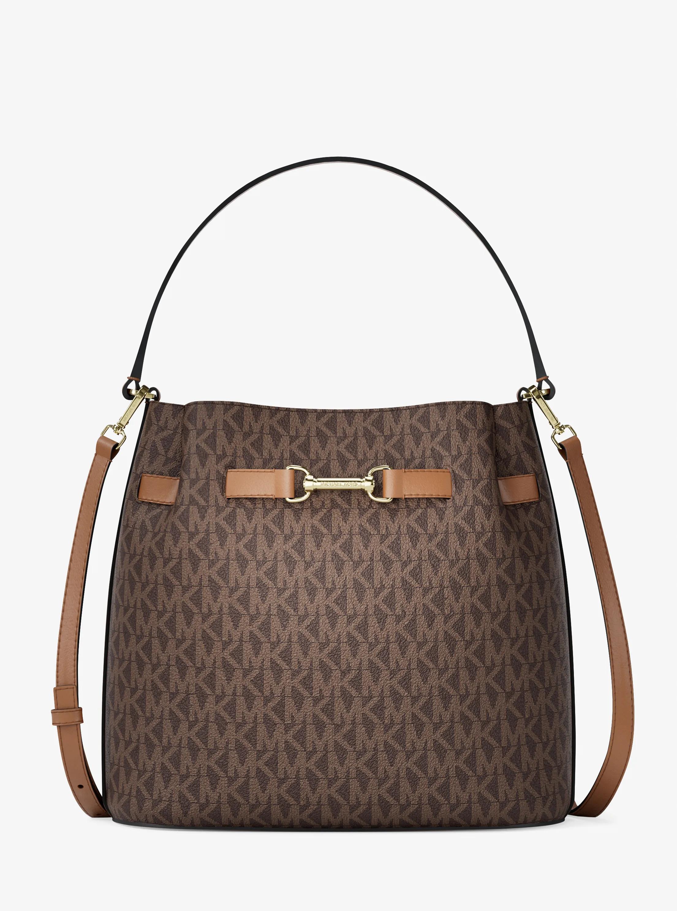 Carson Medium Signature Logo Convertible Bucket Crossbody Bag in BROWN | Michael Kors