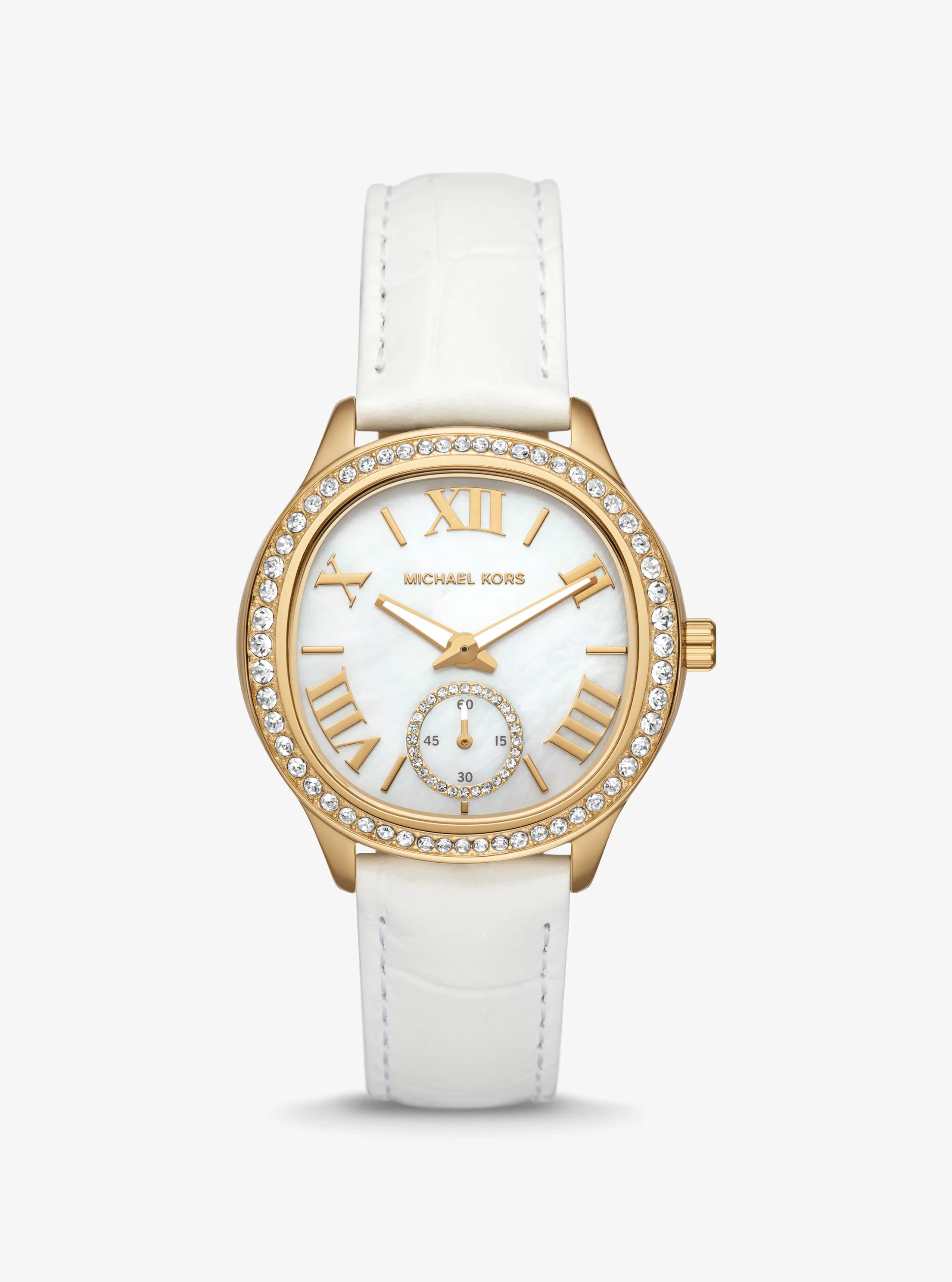 Sage Pav&eacute; Gold-Tone and Crocodile Embossed Leather Watch in OPTIC WHITE | Michael Kors