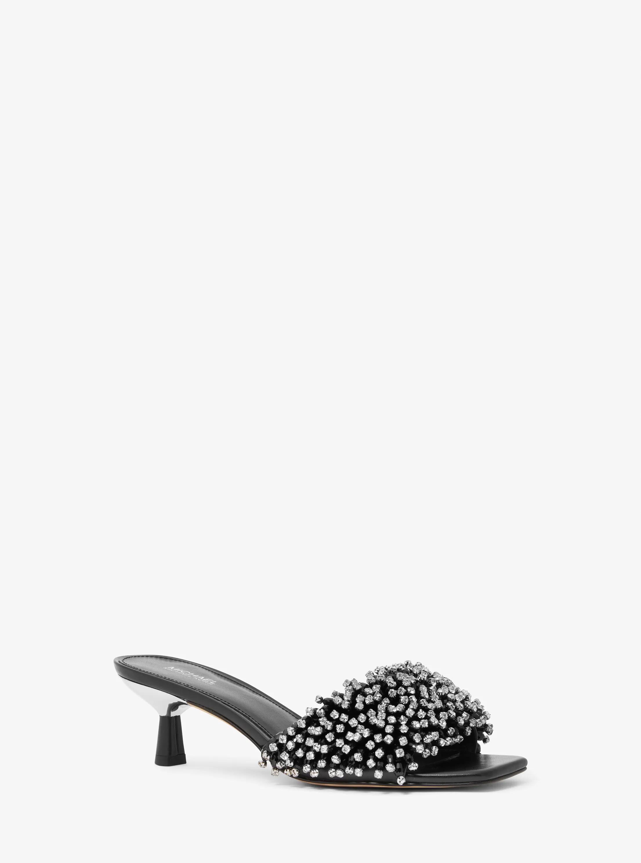 Amal Crystal Embellished Leather Kitten Heel Sandal