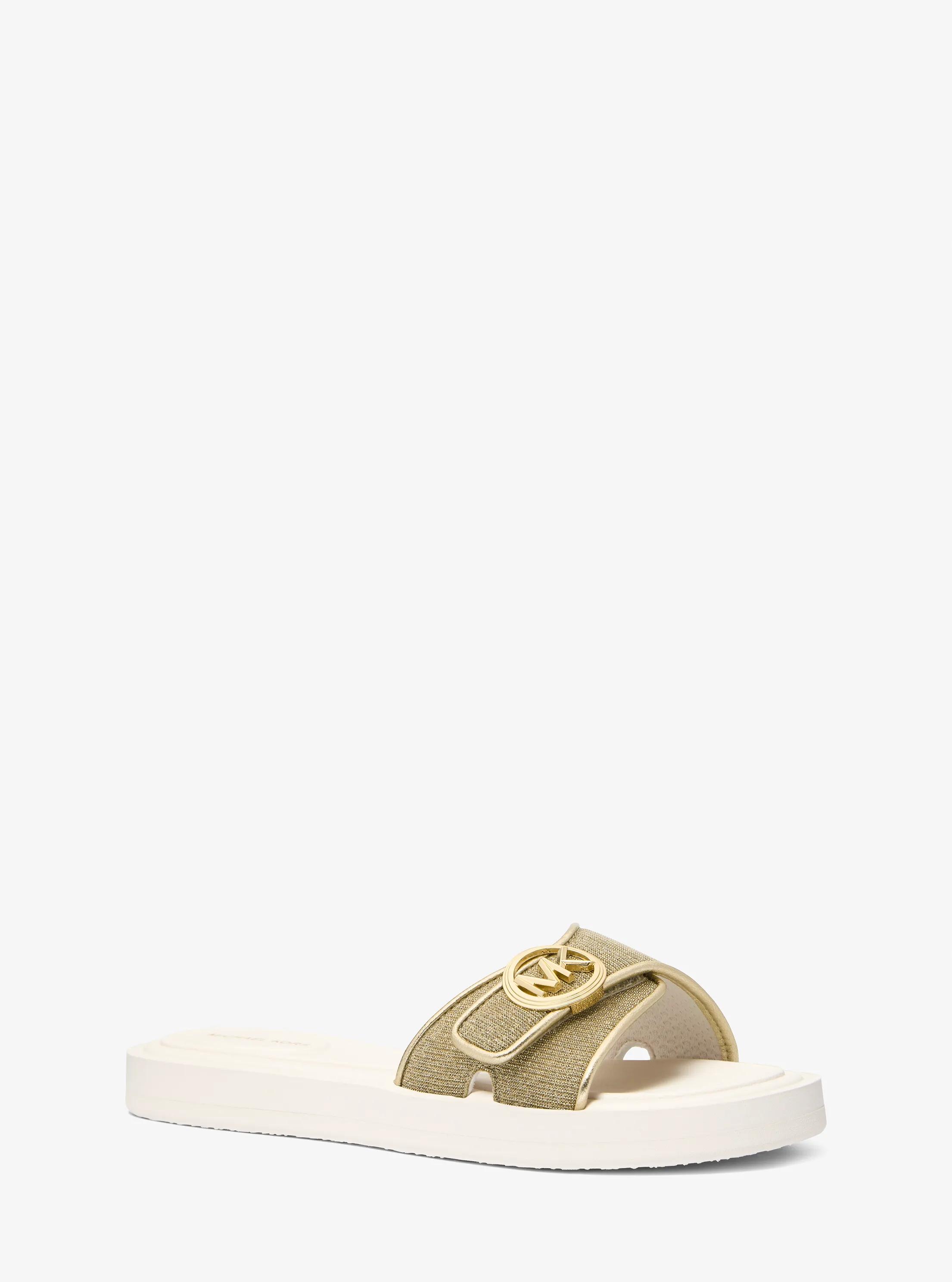 Glitter Chain Mesh Logo Slide Sandal in PALE GOLD | Michael Kors