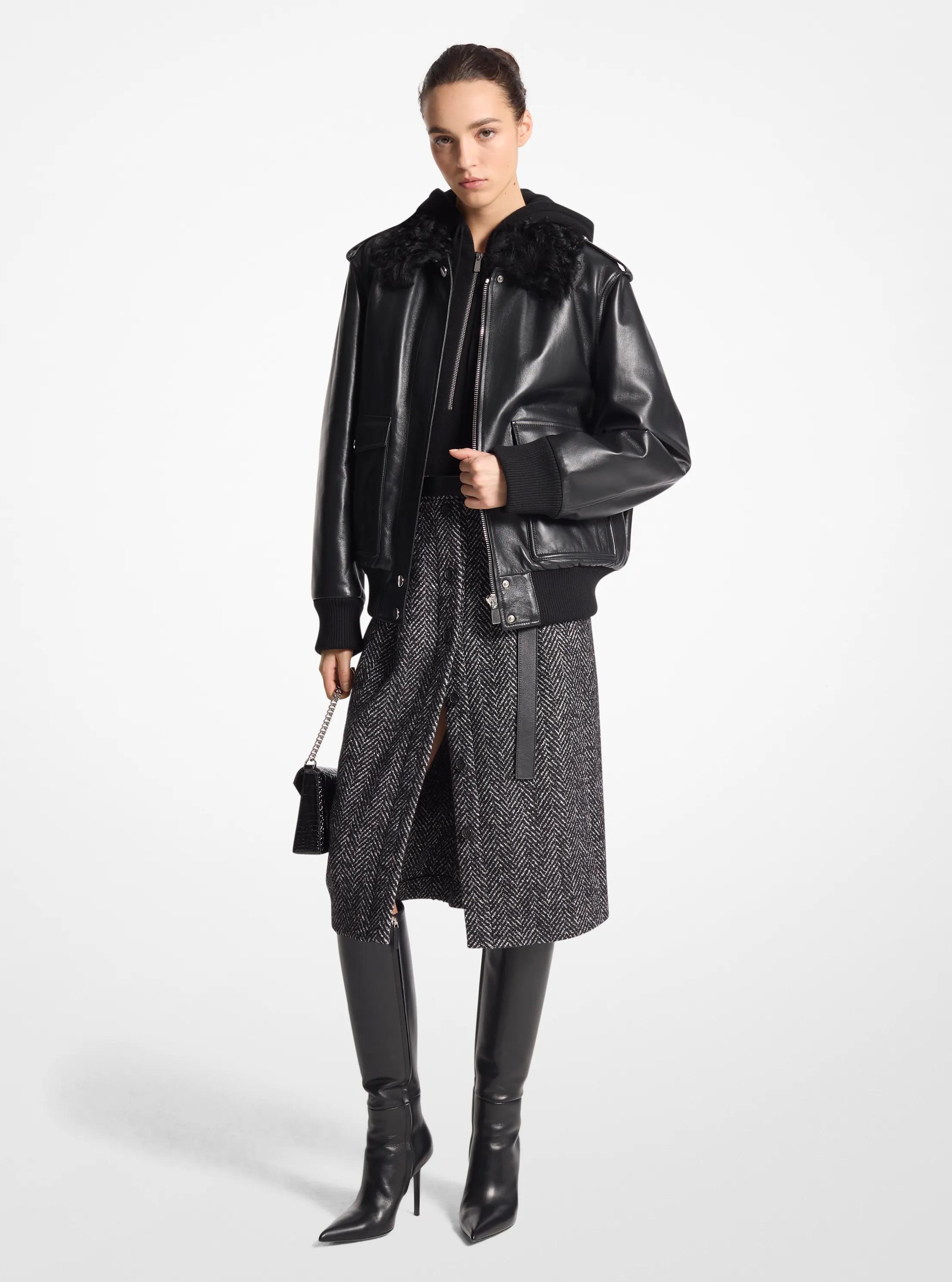 Plong&eacute; Leather and Shearling Bomber Jacket in BLACK | Michael Kors