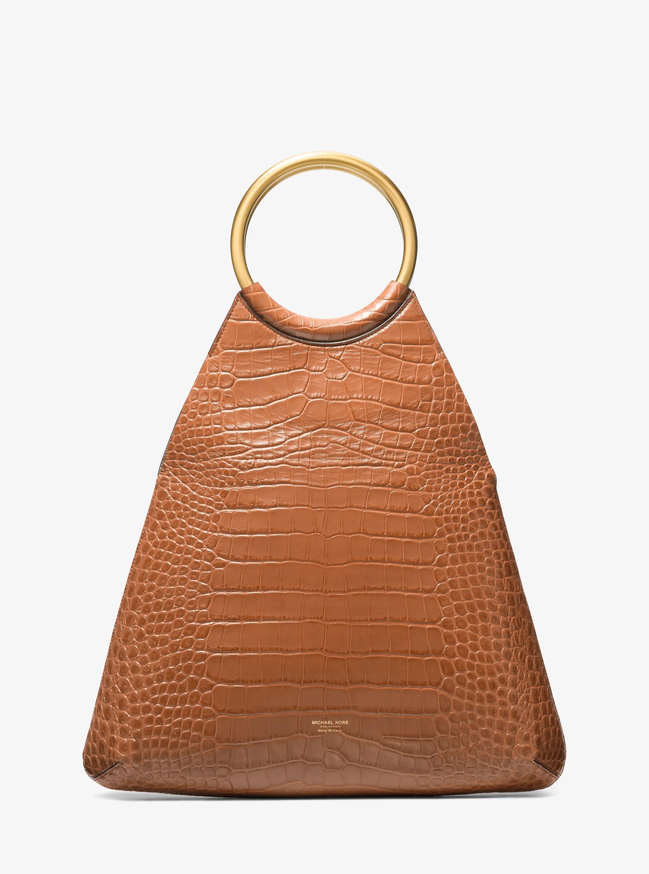 Ursula Large Crocodile Embossed Leather Ring Tote Bag in SADDLE | Michael Kors