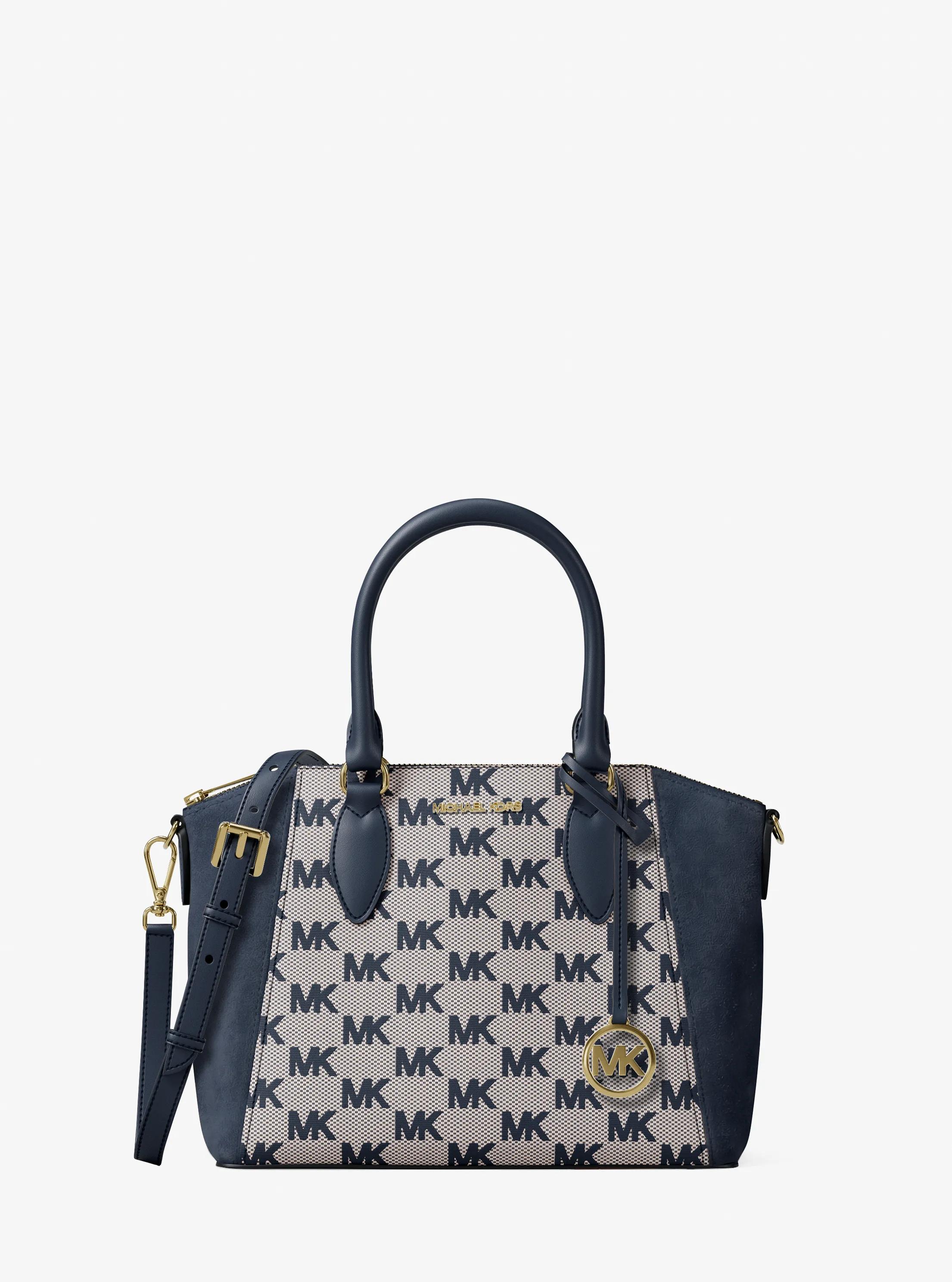 Sienna Small Logo Jacquard and Leather Satchel in NAVY | Michael Kors