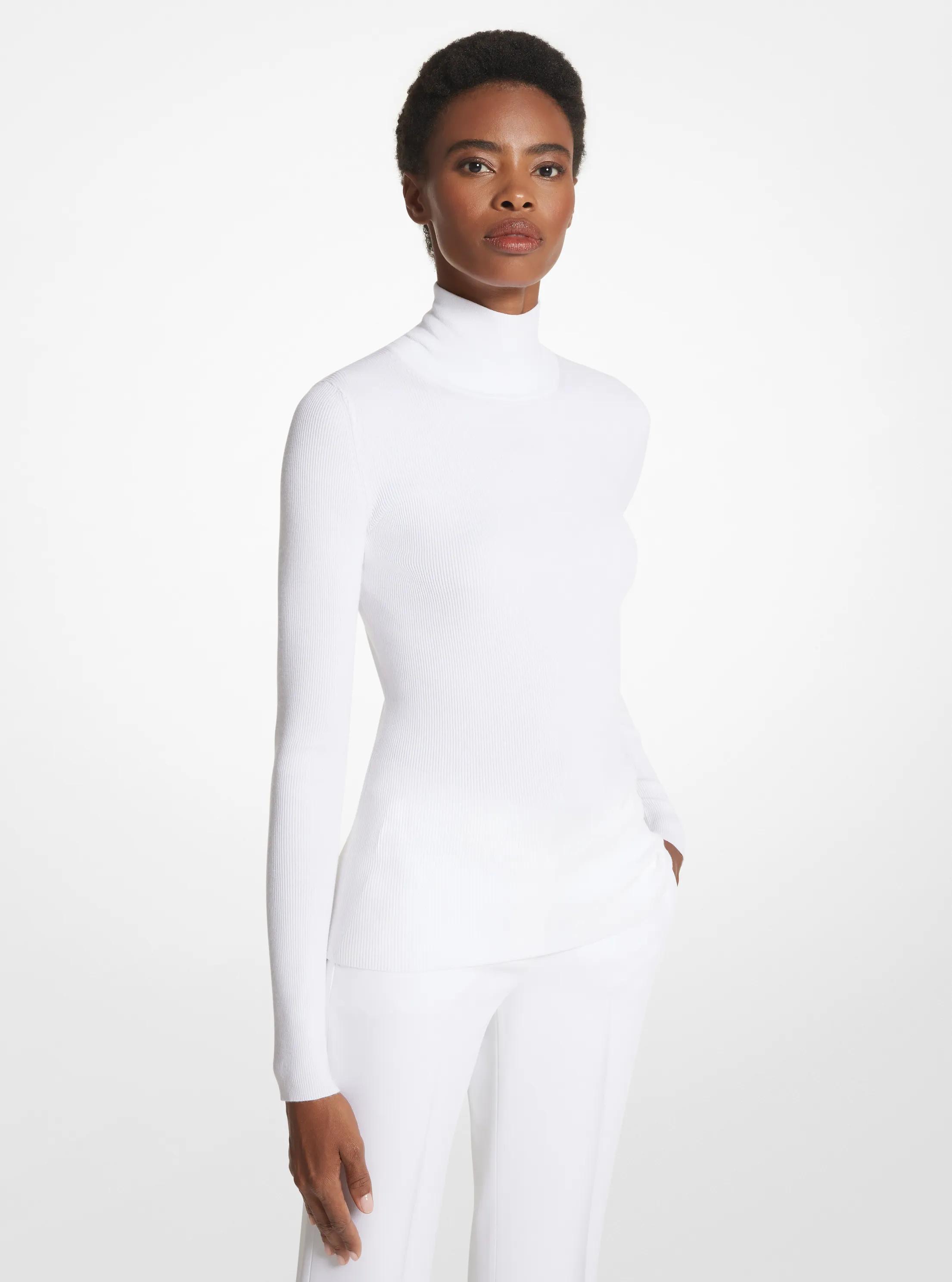 Jersey de viscosa el&aacute;stica acanalada con cuello alto in BLANCO INTENSO | Michael Kors