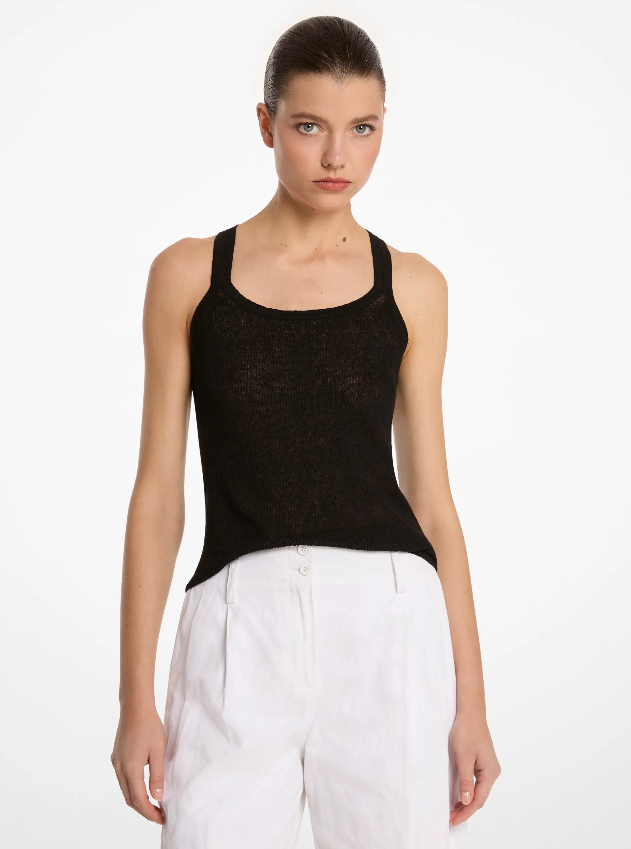 Ribbed Superfine Linen and Cotton Blend Tank Top in BLACK | Michael Kors
