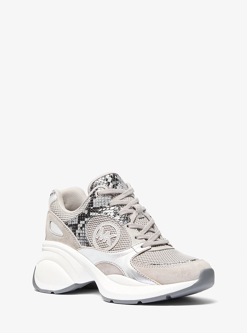 Zuma Snake Embossed Leather and Mesh Trainer in QUARRY GREY | Michael Kors