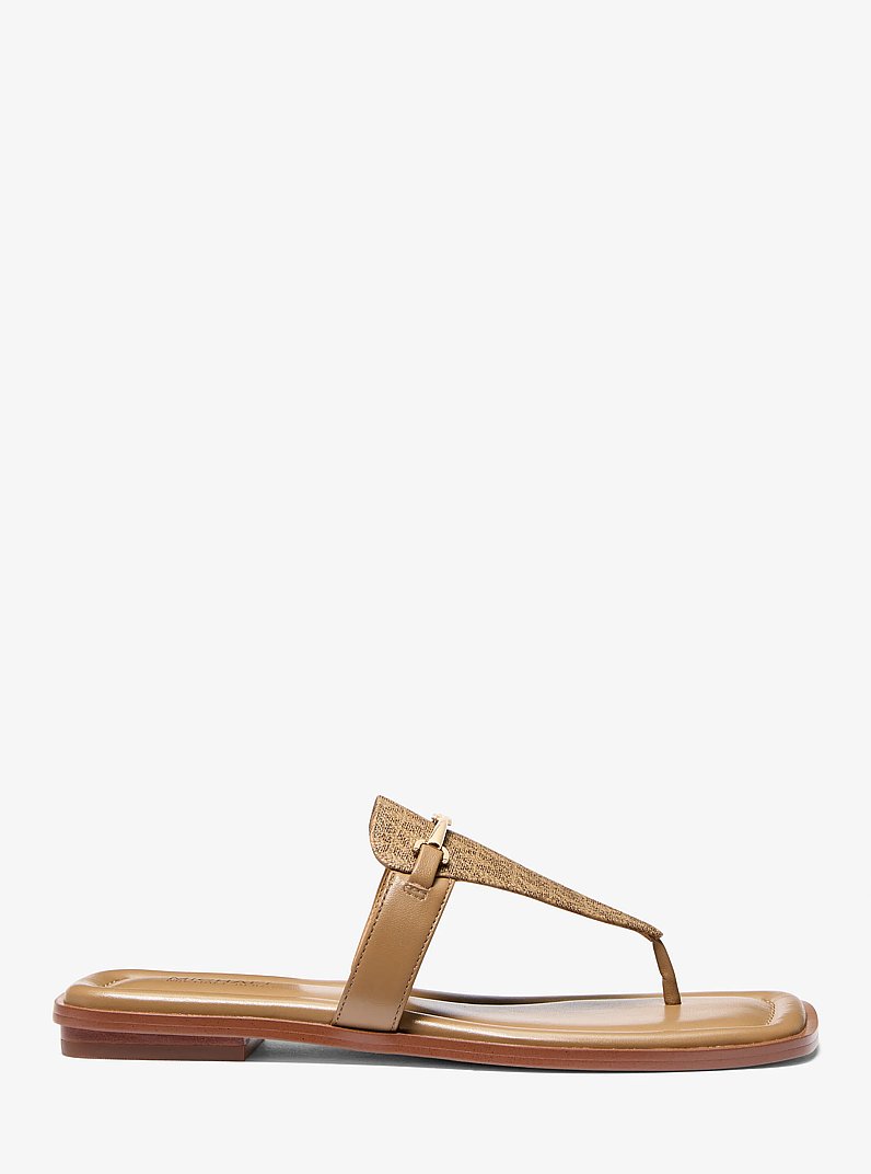 Lena Signature Logo and Leather T-Strap Sandal in HUSK | Michael Kors