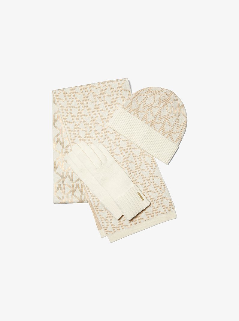 Logo Jacquard Scarf, Beanie and Gloves Gift Set in BONE | Michael Kors