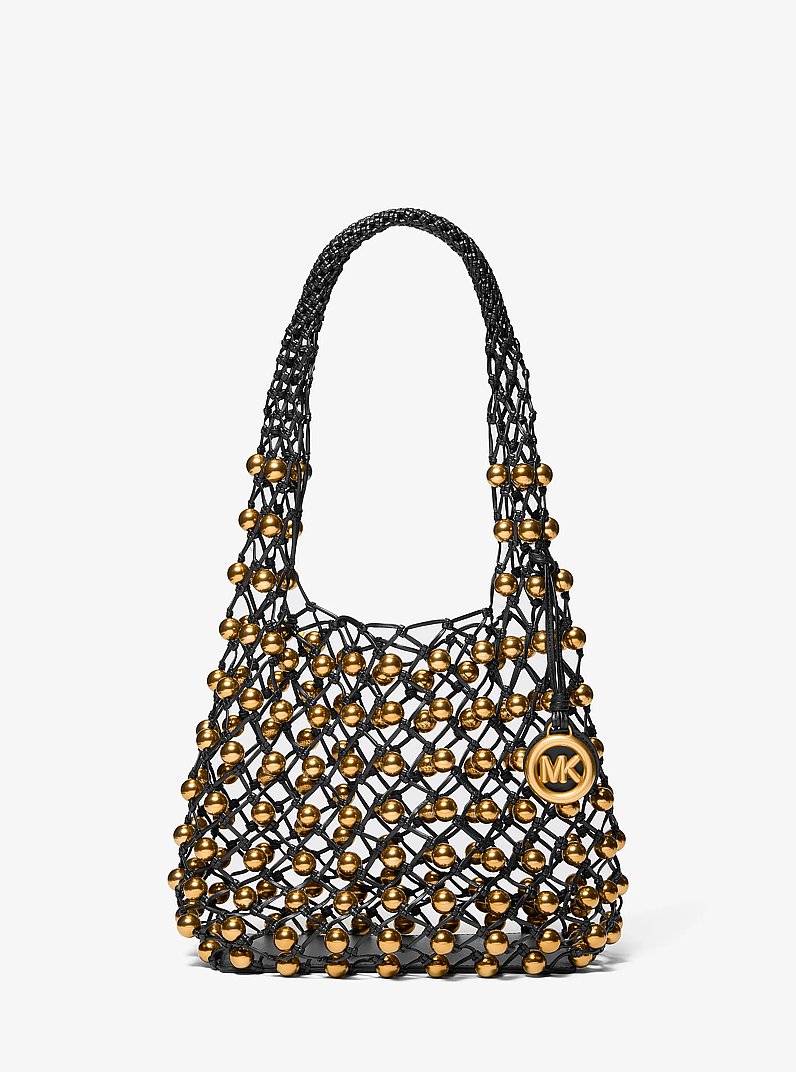 Limited-Edition Gwen Small Studded Hand-Woven Leather Hobo Shoulder Bag in BLACK | Michael Kors