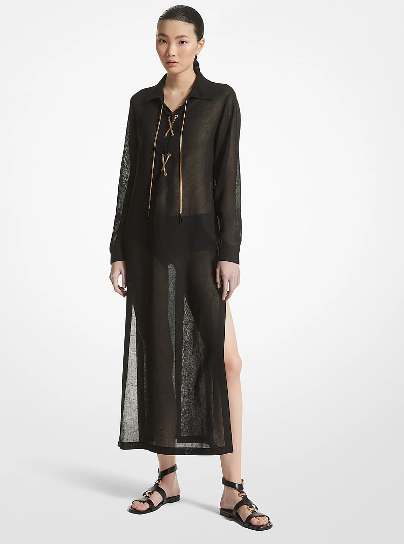 Linen Gauze Lace-Up Caftan in BLACK | Michael Kors