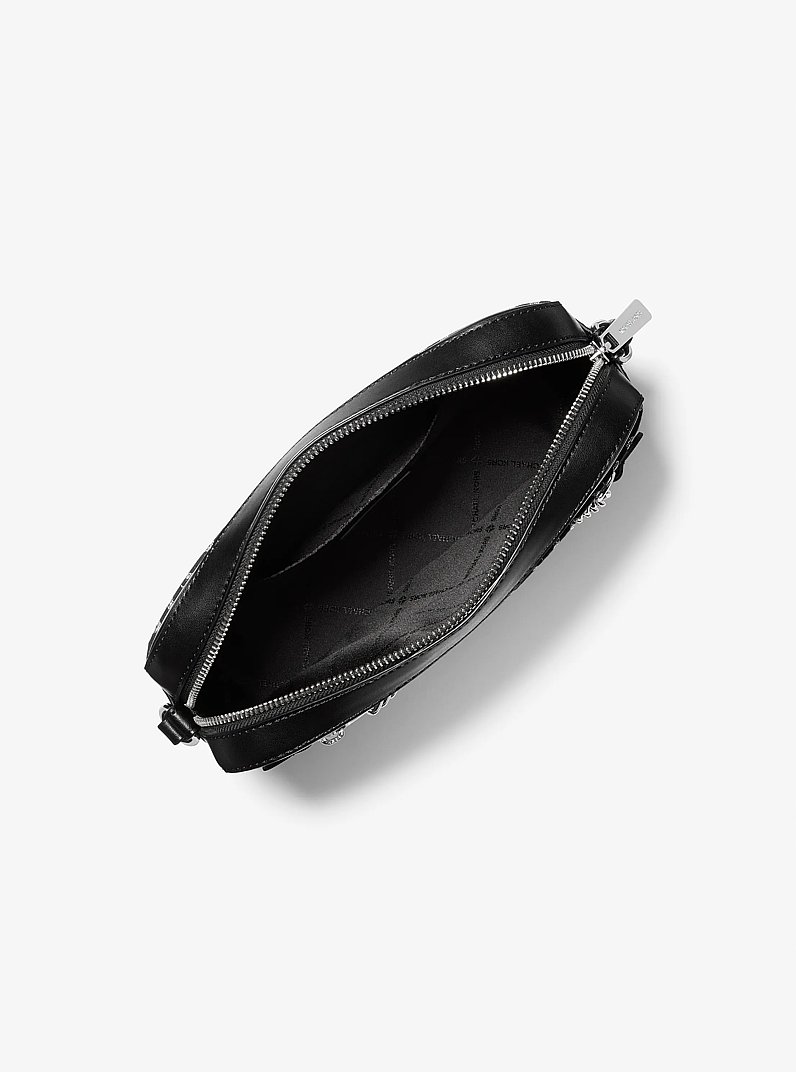 Jet Set Large Metallic Logo Jacquard Crossbody Bag in BLACK/SILVER | Michael Kors