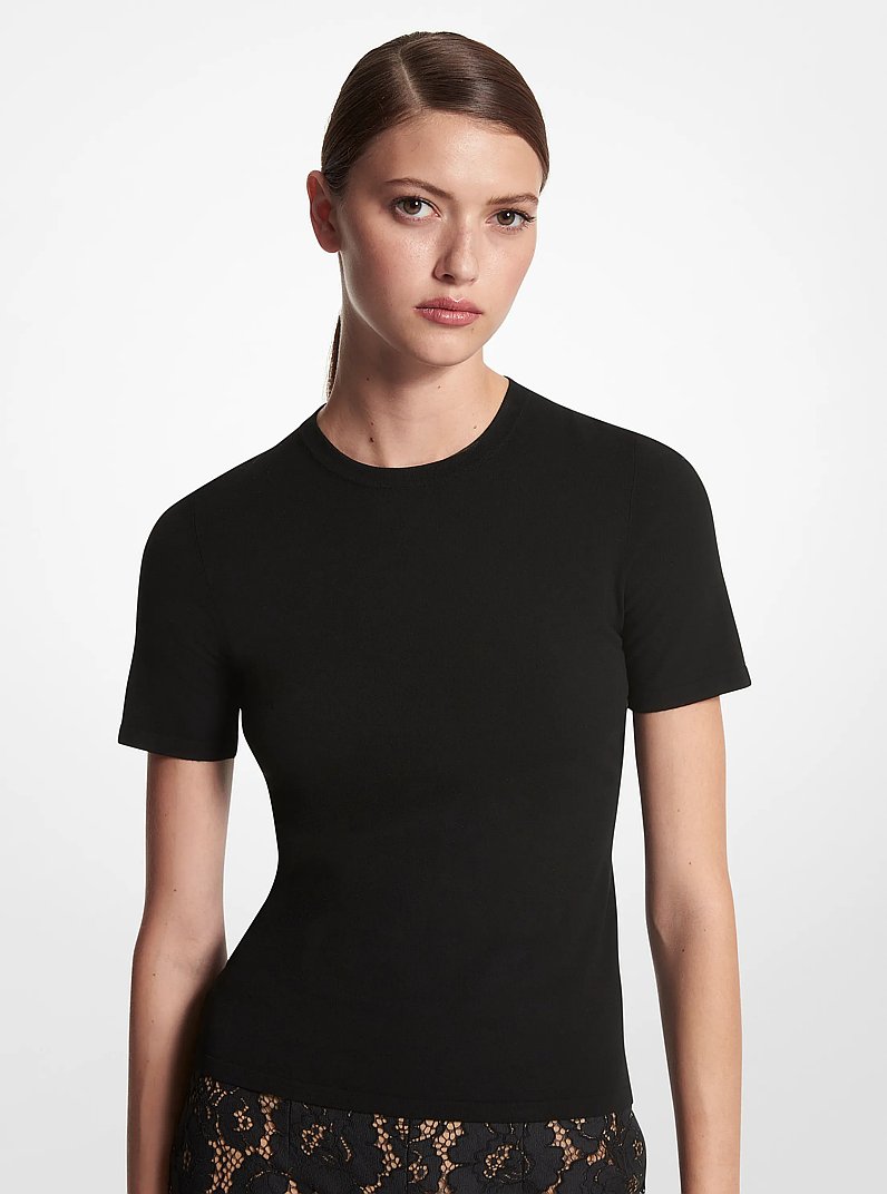 Stretch Viscose Short-Sleeve Sweater in BLACK | Michael Kors