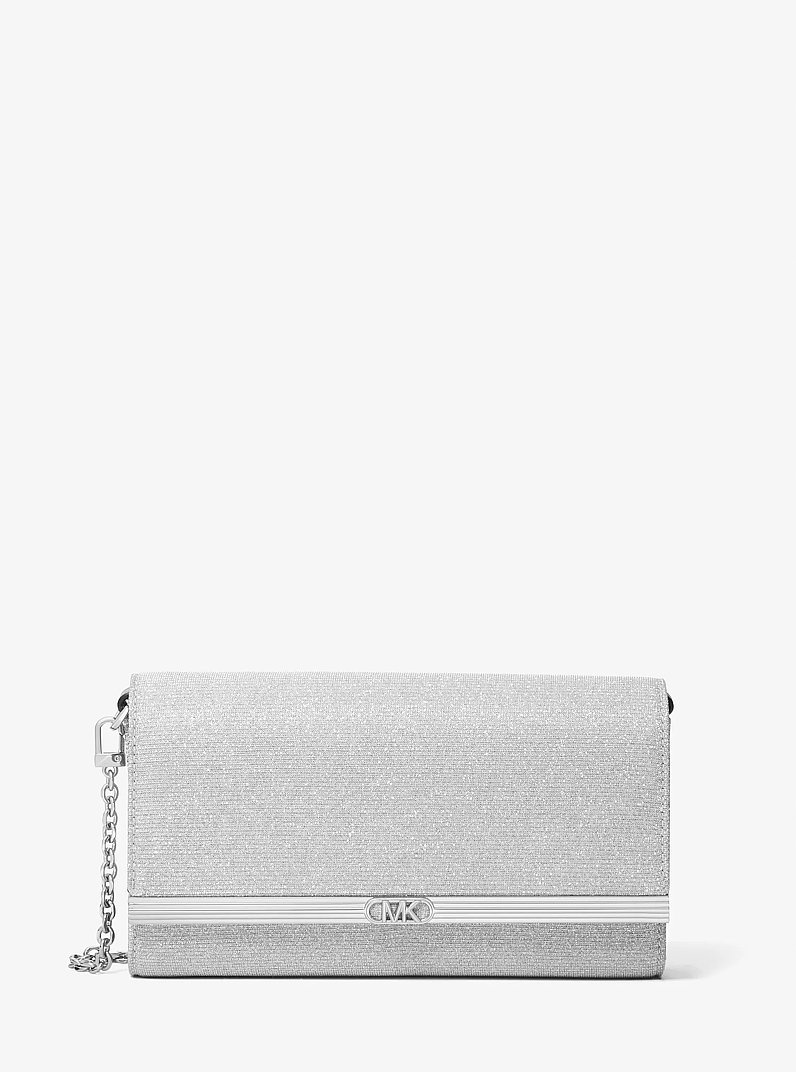 Mona Large Glitter Chain Mesh Clutch in SILVER | Michael Kors
