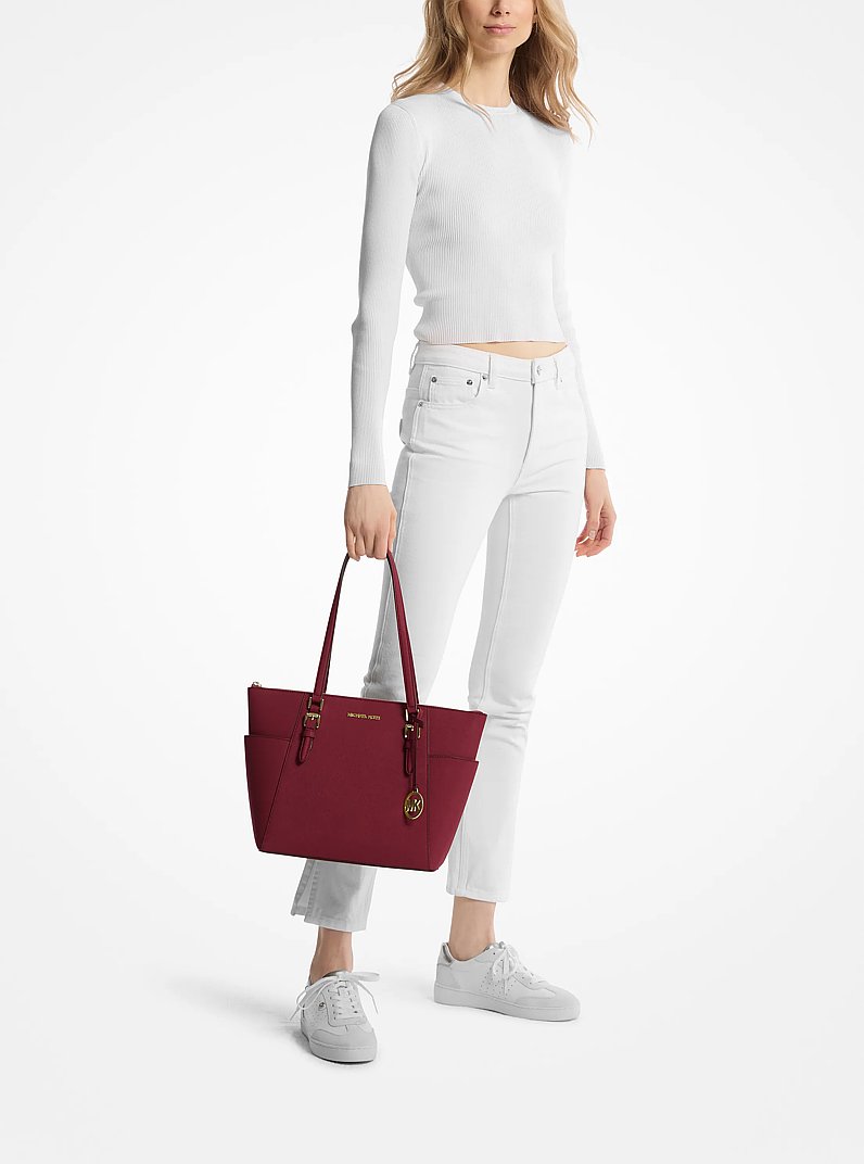 Charlotte Large Saffiano Leather Top-Zip Tote Bag in CHERRY | Michael Kors