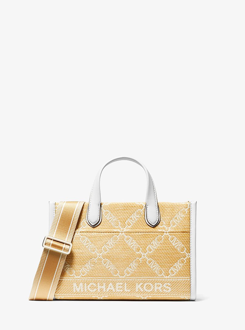 Messengertas Gigi van stro en jacquard met Empire-logo, klein