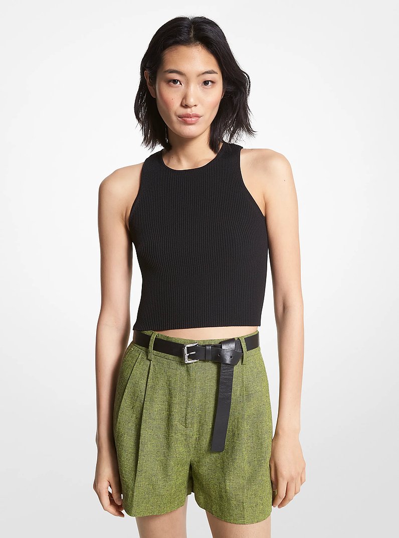 Ribbed Recycled Viscose Blend Cropped Tank Top in BLACK | Michael Kors