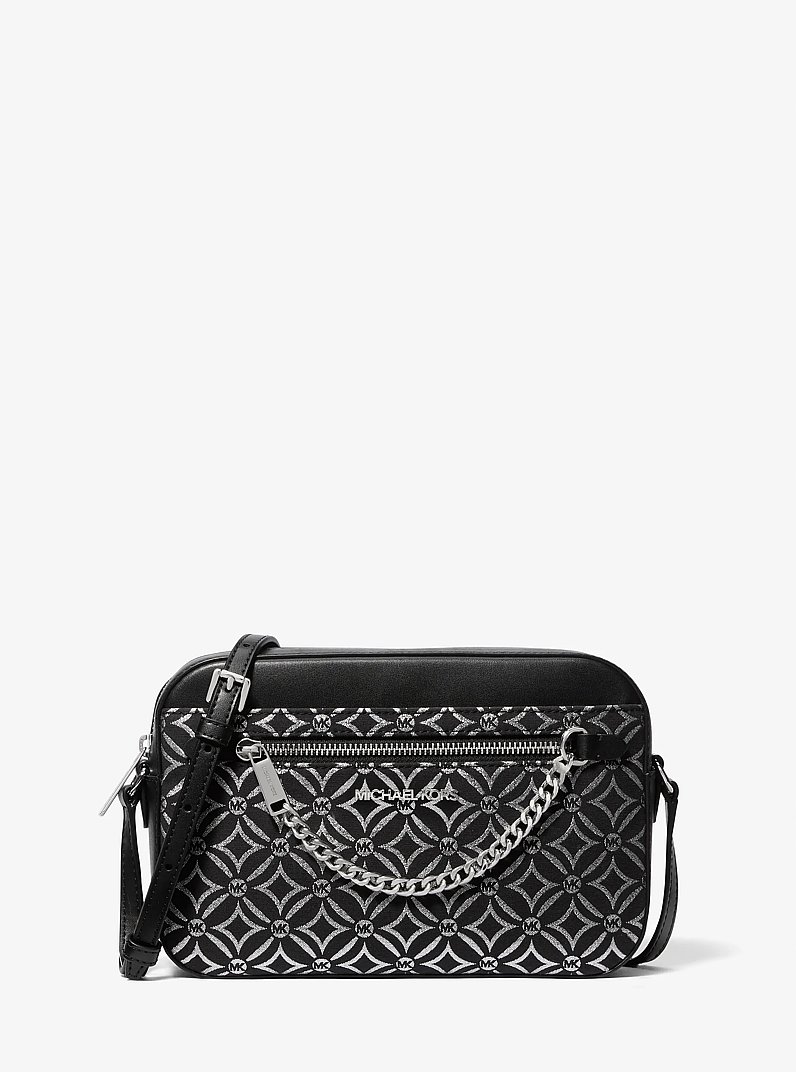 Jet Set Large Metallic Logo Jacquard Crossbody Bag in BLACK/SILVER | Michael Kors