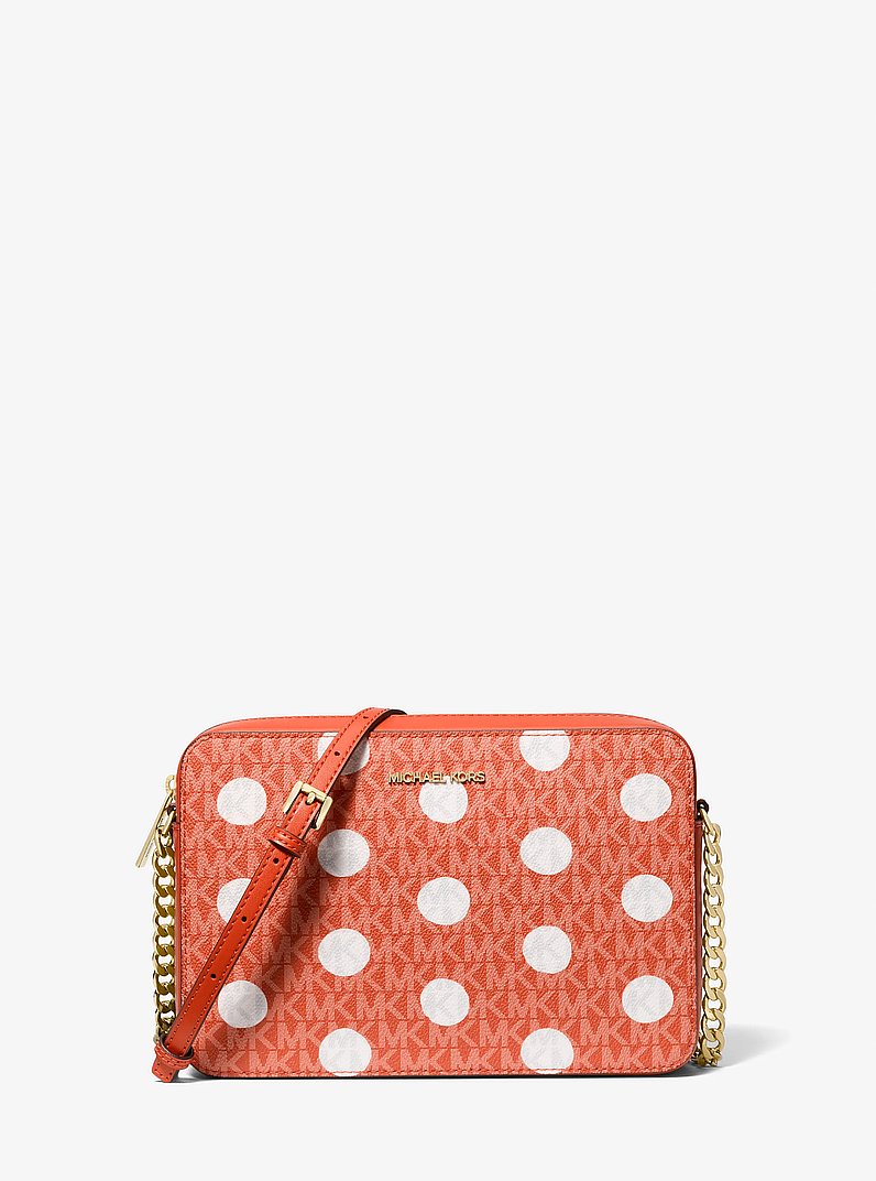 Jet Set Large Polka Dot Signature Logo Crossbody Bag in RED CLAY