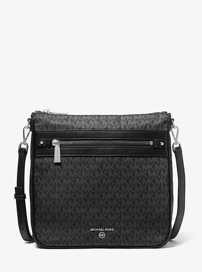 Jet Set Large Logo Print Woven Crossbody Bag in BLACK | Michael Kors