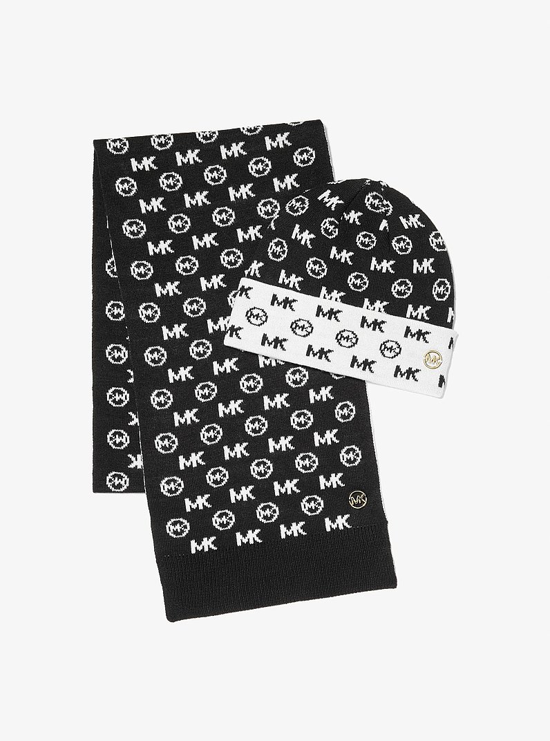 Logo Jacquard Knit Beanie Hat and Scarf Set in BLACK | Michael