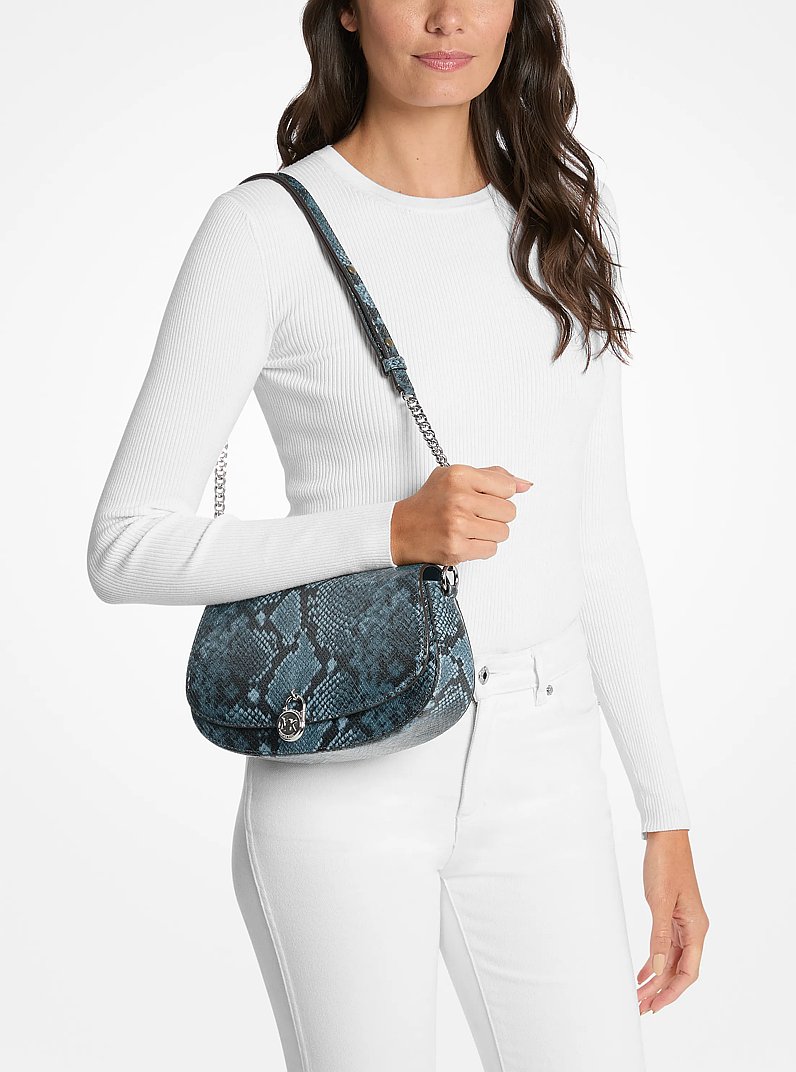 Mila Medium Snake Embossed Messenger Bag in ACIANO | Michael Kors
