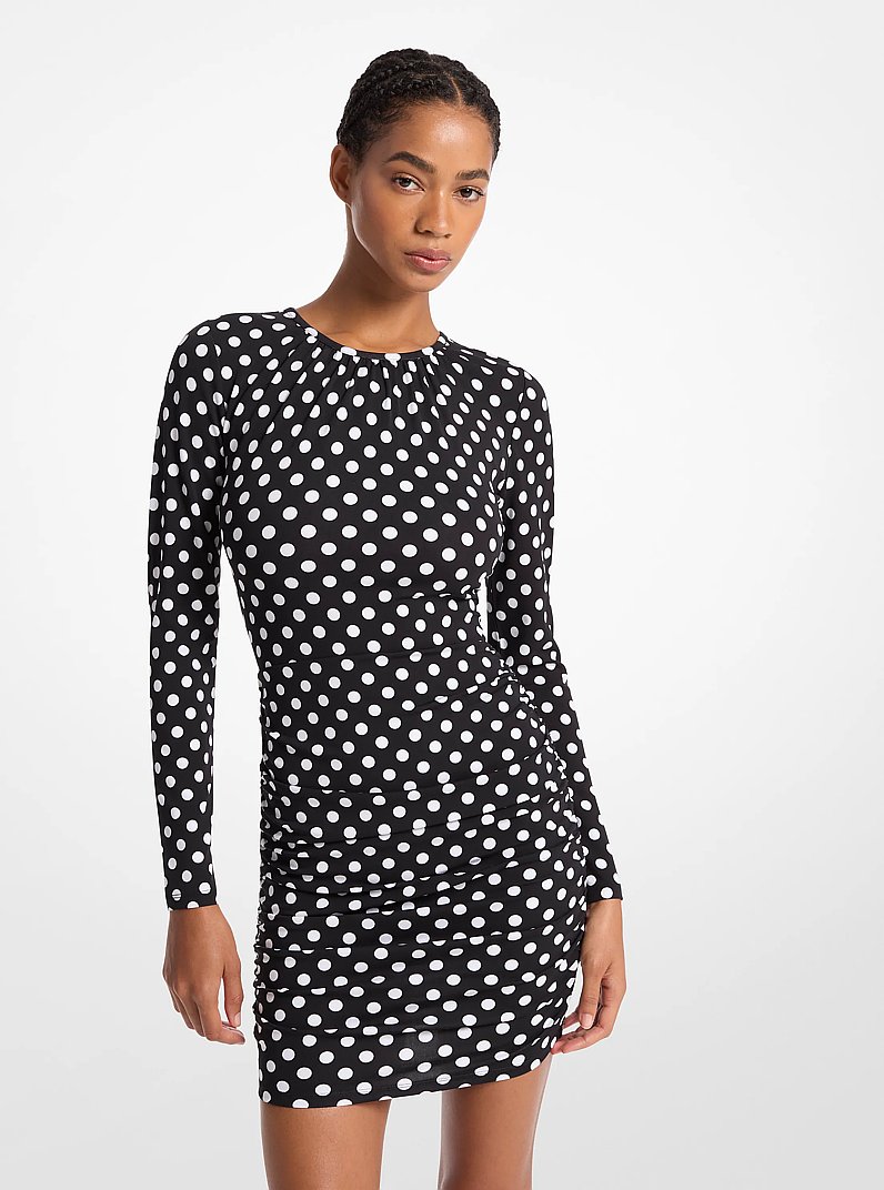 Robe en jersey mat extensible fronc&eacute;e &agrave; pois in NOIR/BLANC | Michael Kors