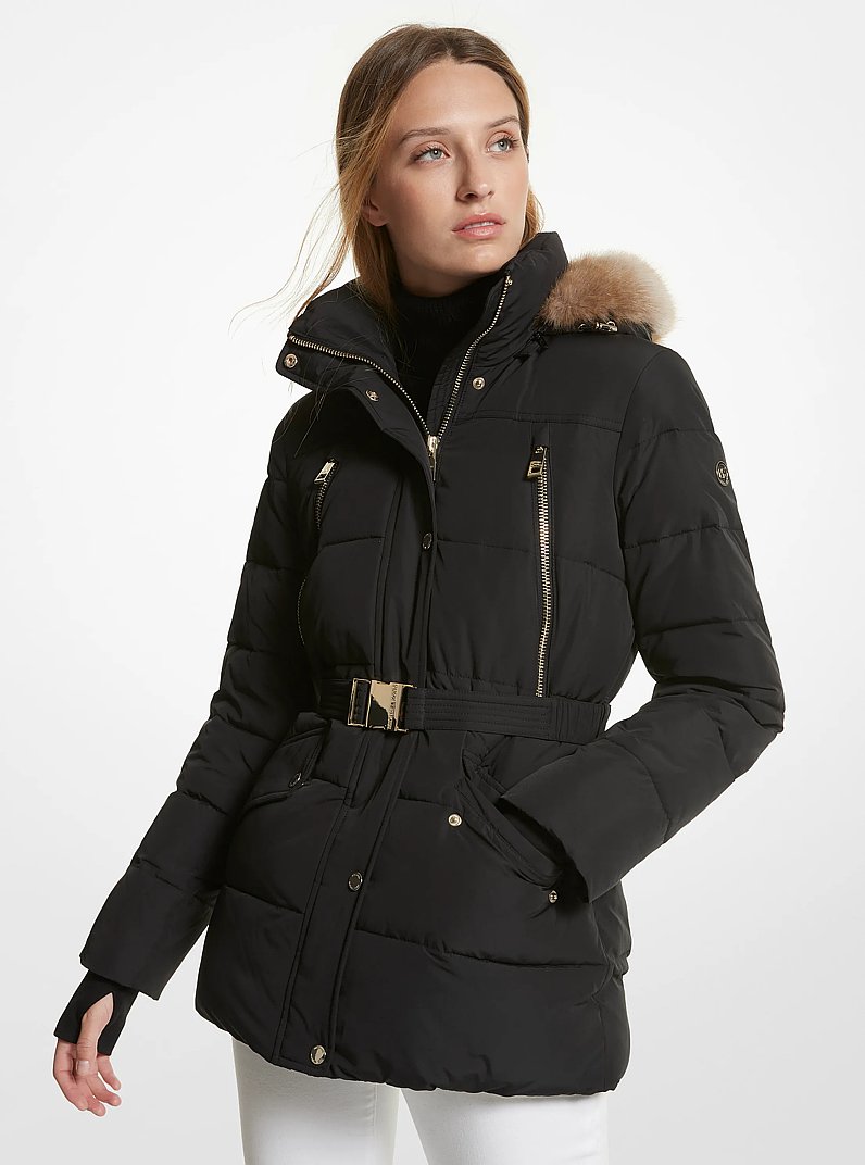 【MICHAEL KORS】 ダウンジャケット/77C5471M42 Faux Fur Trim Quilted Belted Puffer Jacket in BLACK - Sale