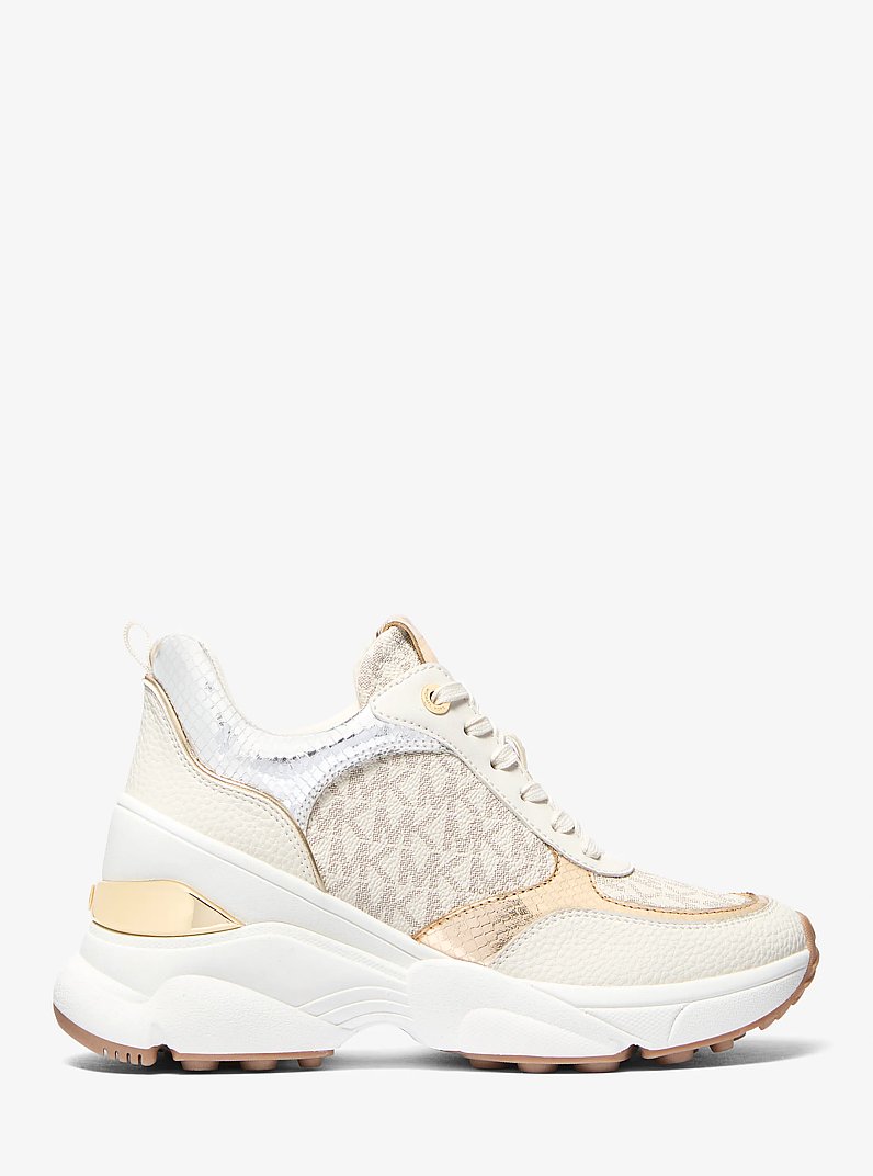 Katrina Signature Logo and Metallic Lizard Embossed Trainer in VANILLA COMBO | Michael Kors