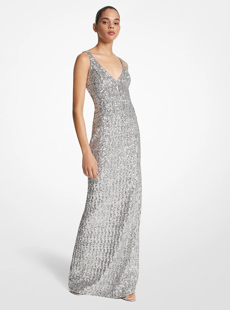 Sequined Stretch Tulle Gown in SILVER | Michael Kors