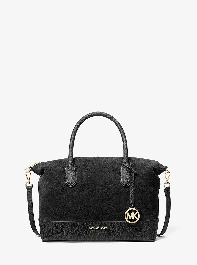 Hyde Medium Suede and Signature Logo Satchel in BLACK | Michael Kors