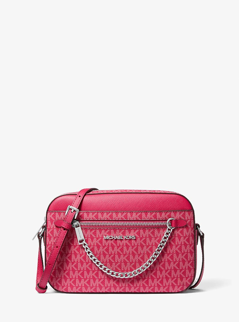 Jet Set Large Signature Logo Crossbody Bag in DK RASPBERRY | Michael Kors