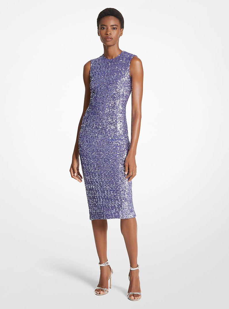 Sequined Stretch Tulle Sheath Dress in FREESIA | Michael Kors