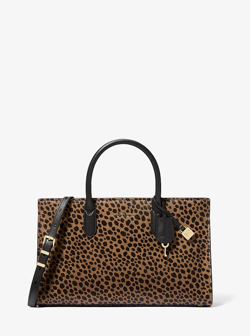 Scarlett Medium Cheetah Print Calf Hair Satchel in HUSK MULTI | Michael Kors