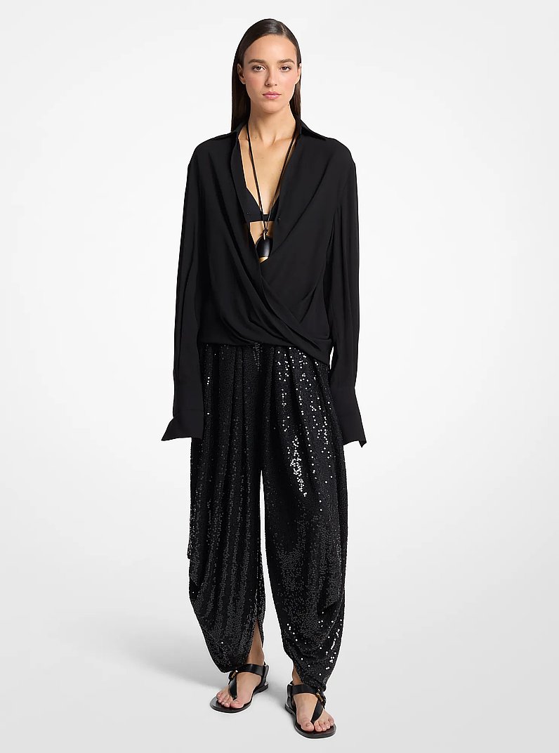 Hand-Embellished Sequin Georgette Jersey Draped Pants in BLACK | Michael Kors