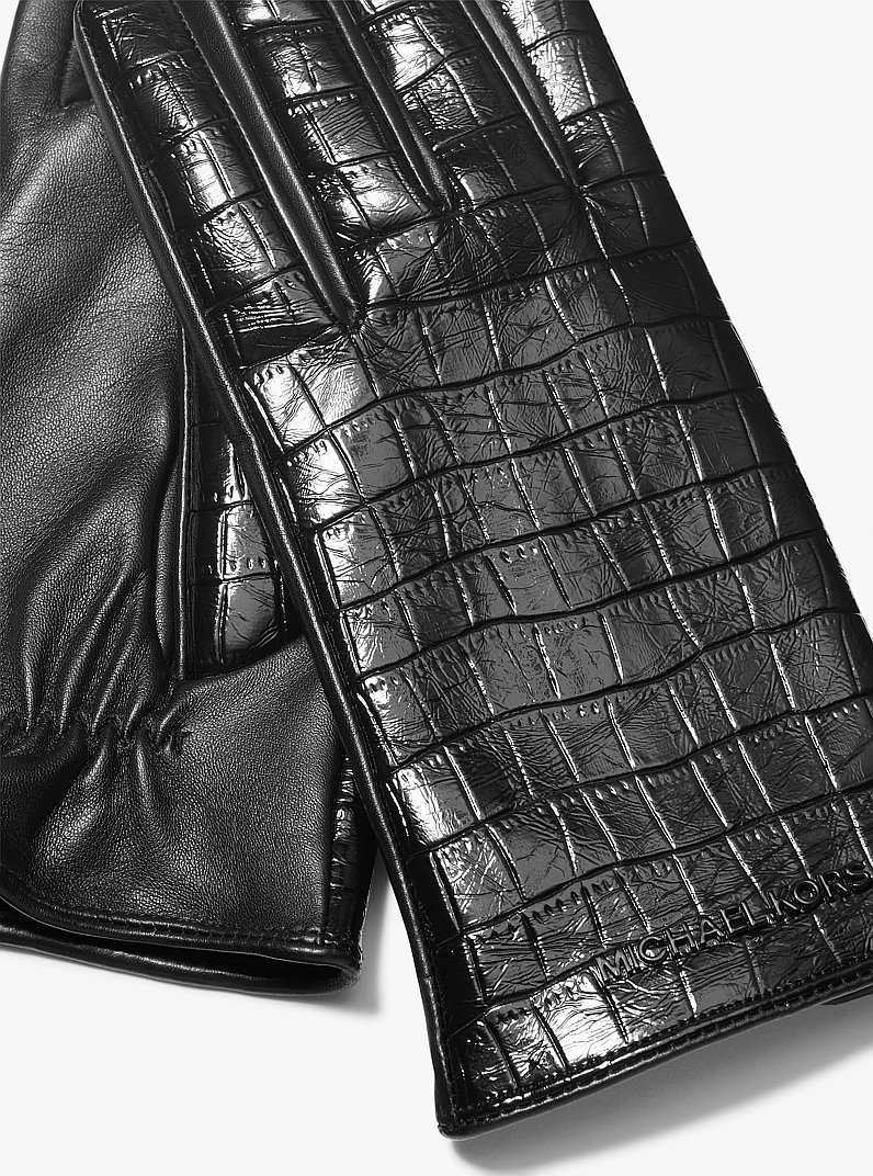 Crocodile Embossed Leather Gloves in BLACK | Michael Kors