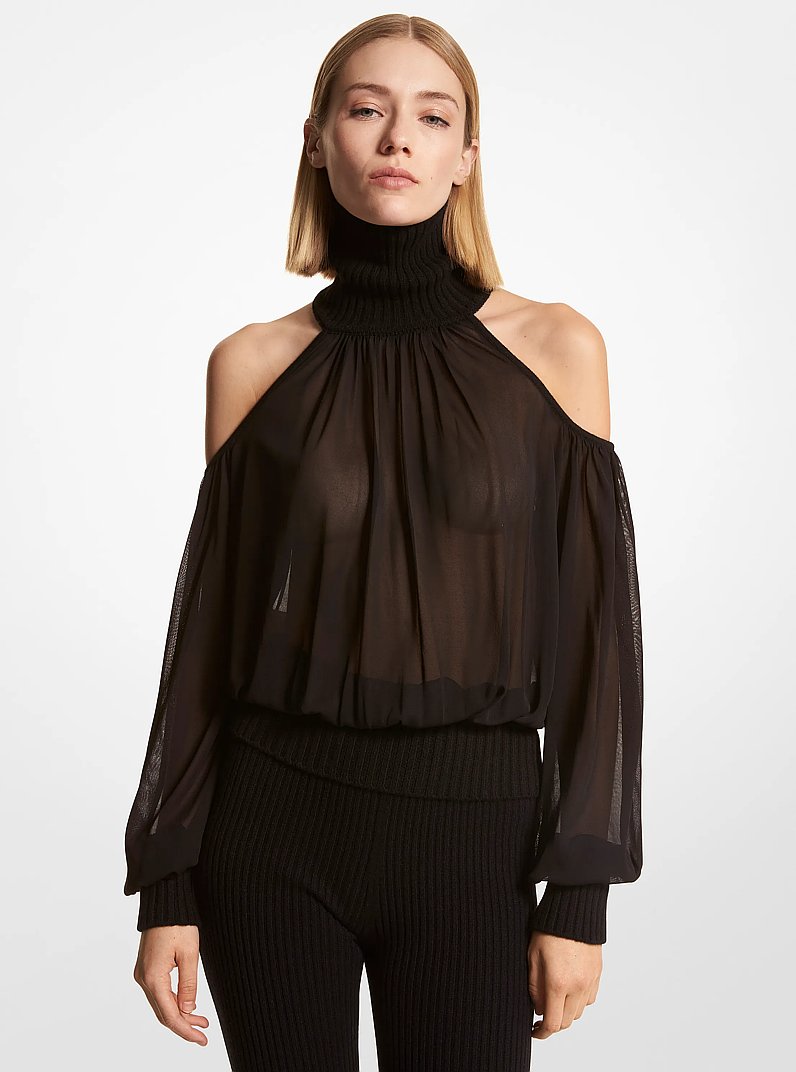 Chiffon and Cashmere Cold-Shoulder Blouse in BLACK | Michael Kors