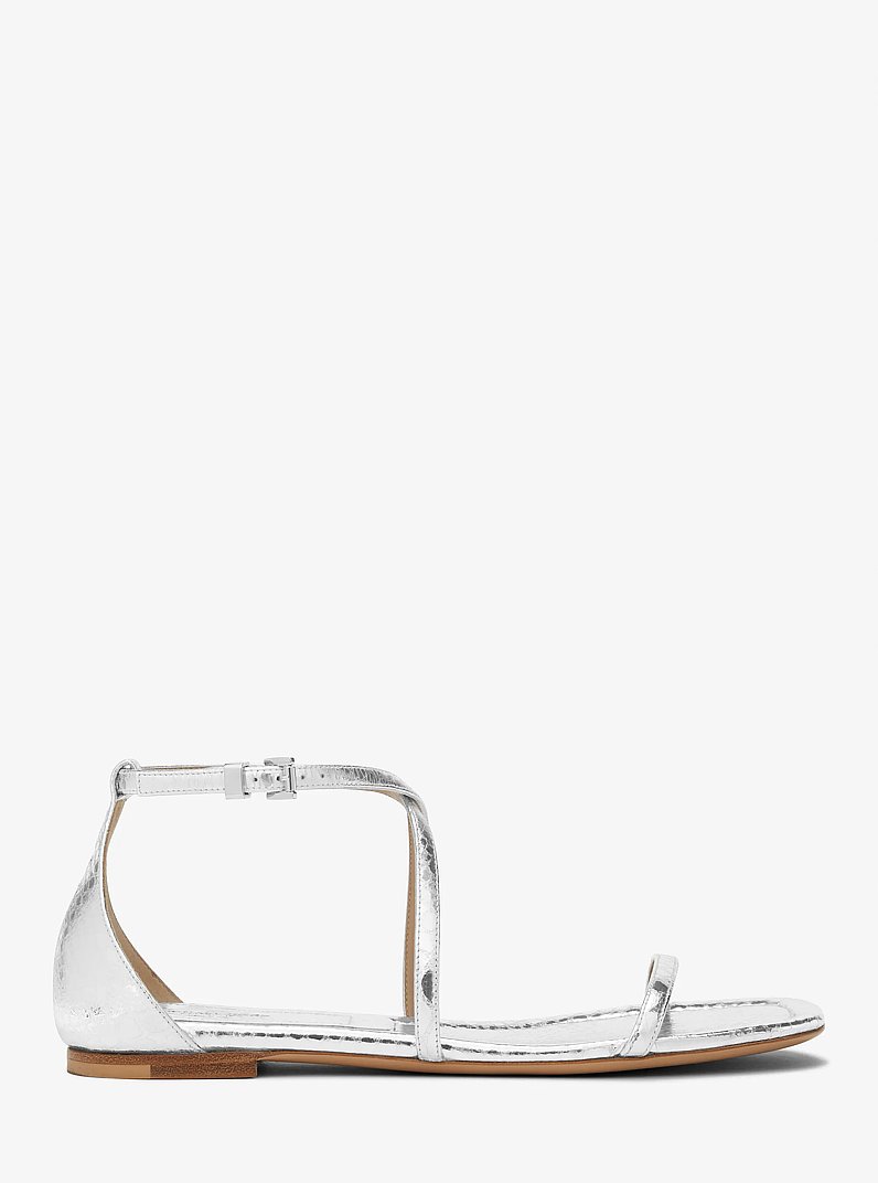 Polly Metallic Python Embossed Leather Sandal in SILVER | Michael Kors