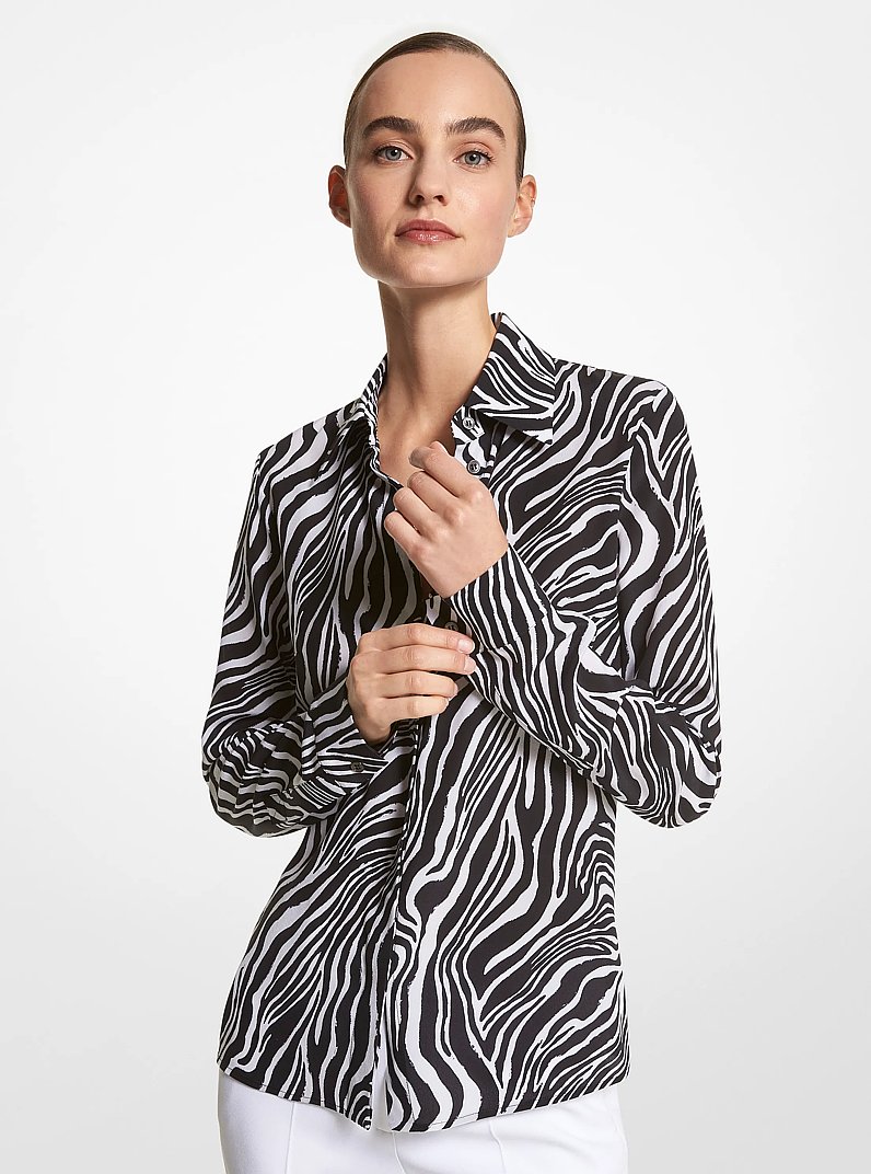 Hansen Zebra Silk Crepe De Chine Shirt in BLACK/OPTIC WHITE | Michael Kors