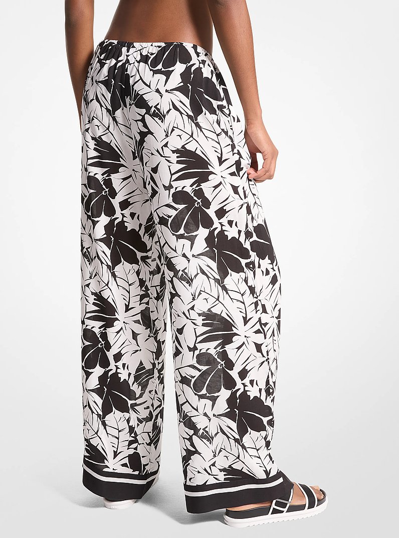 Palm Print Woven Wide-Leg Pants in BLACK/WHITE | Michael Kors