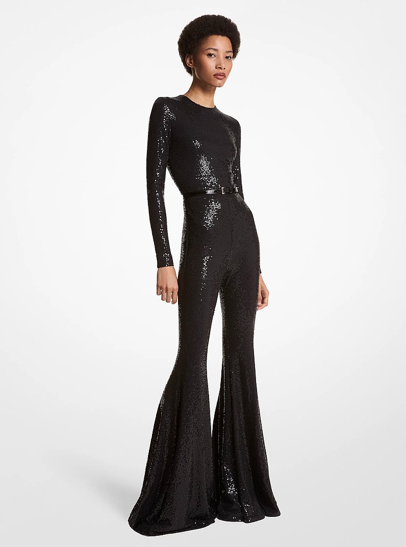Hand-Embroidered Sequin Stretch Jersey Flared Jumpsuit in BLACK | Michael Kors
