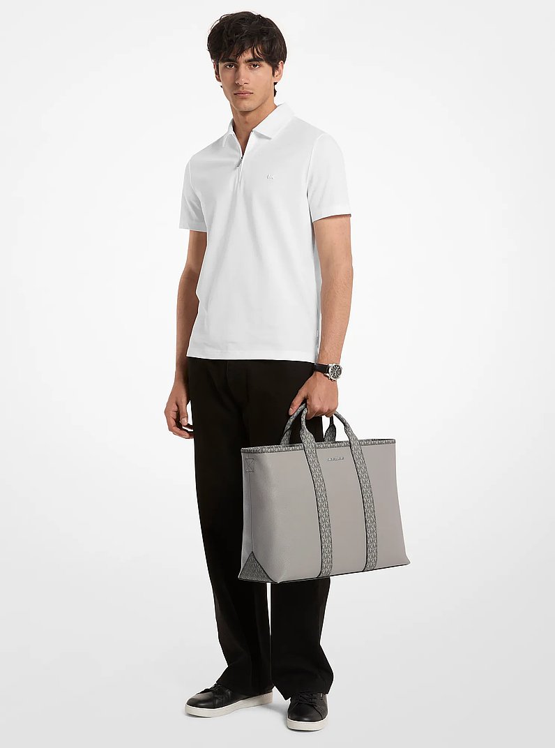 Cooper Medium Pebbled Leather and Signature Logo Tote Bag in PEARL GREY | Michael Kors