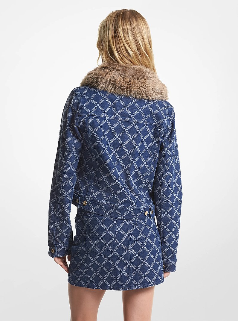Faux Fur Trim Empire Logo Jacquard Denim Utility Jacket in RINSE | Michael Kors
