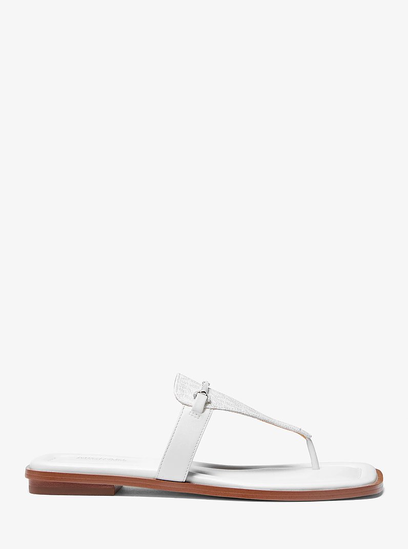 Lena Signature Logo and Leather T-Strap Sandal in OPTIC WHITE | Michael Kors