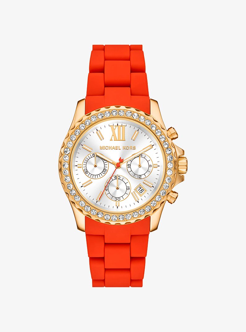 Oversized Everest Pav&eacute; Gold-Tone and Silicone Watch in RED CLAY | Michael Kors