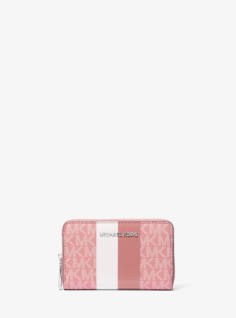 Petit porte-cartes &agrave; rayures Jet Set &agrave; logo Signature in ROSE | Michael Kors